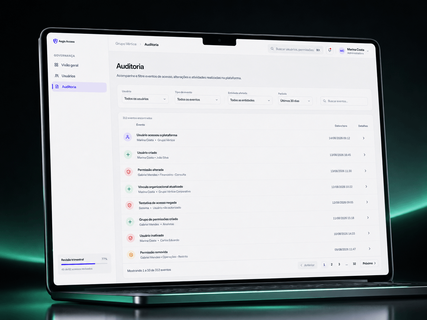 Tela de auditoria com eventos de acesso filtráveis por usuário, tipo e período