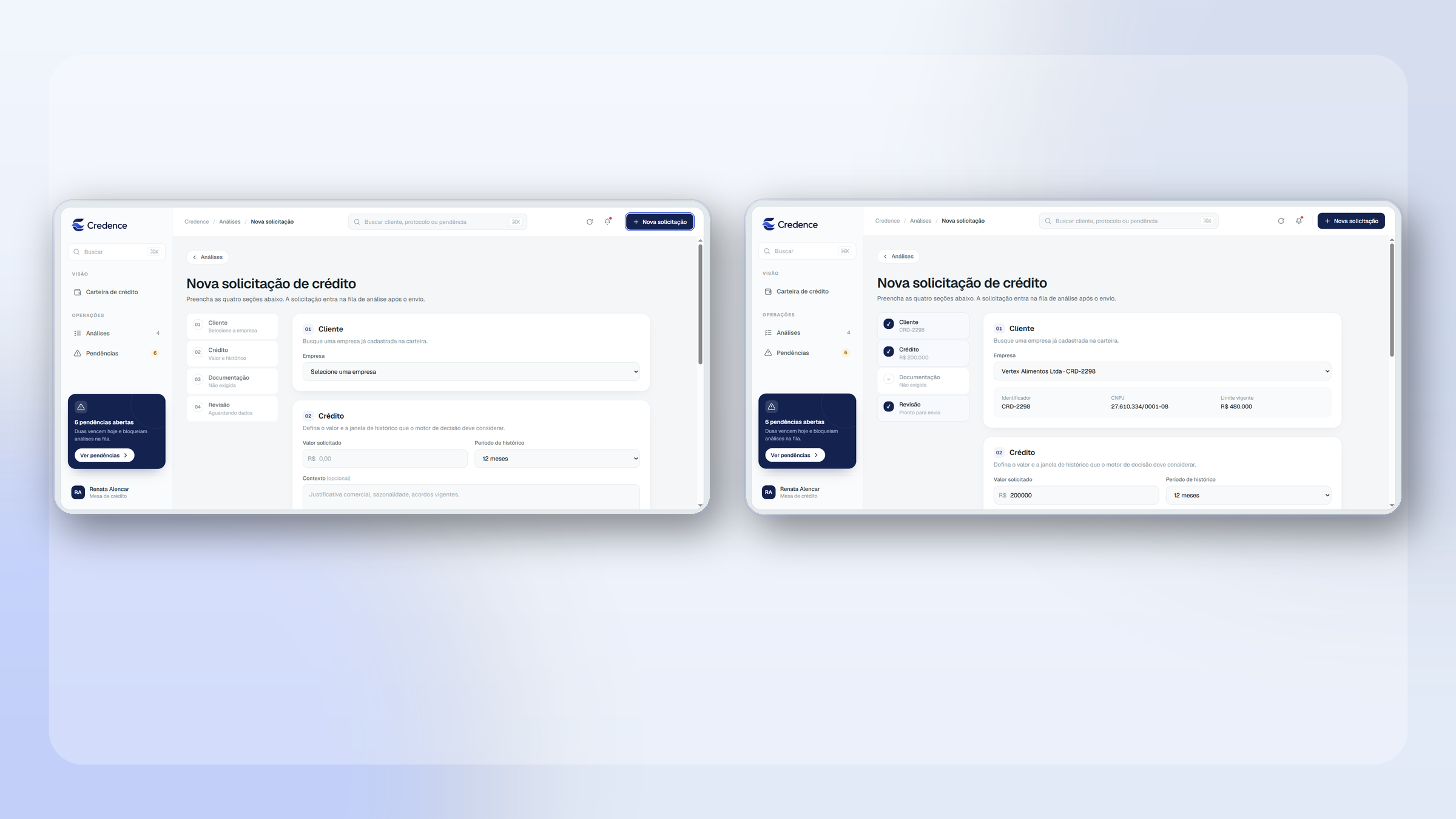 Dois estados da nova solicitação de crédito com progressão contextual entre as etapas