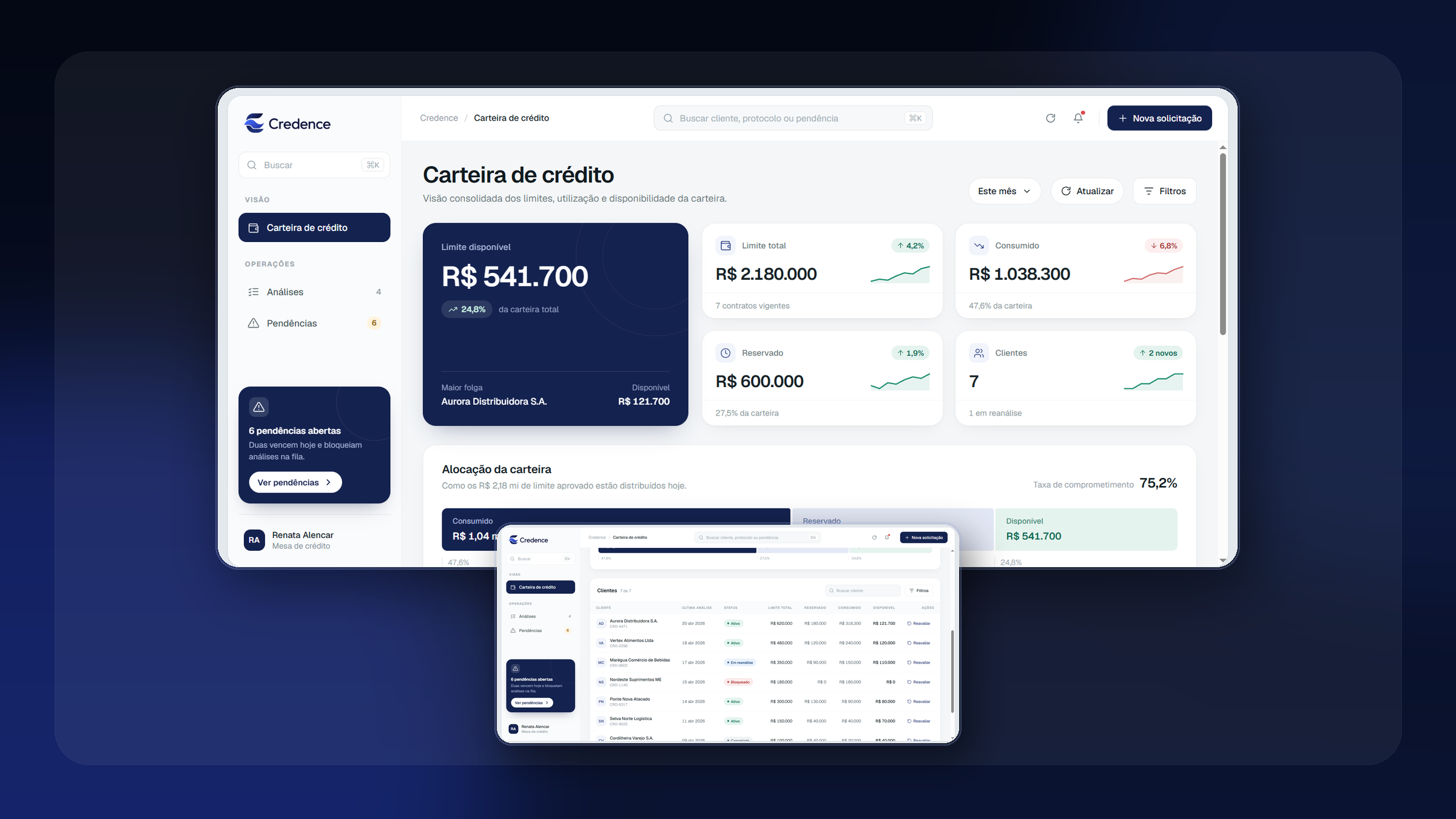 Visão consolidada da carteira de crédito com limites, alocação e clientes